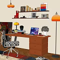 Modern Style Desk and Chair Combination Computer Chair Bookshelf Table Lamp Chandelier Floor Lamp Decoration Ornaments Book Cactus Ball 3d model