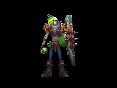 Skeleton Warrior Character In Armored Outfit With Spiked Shield And Green Bottle 3d model