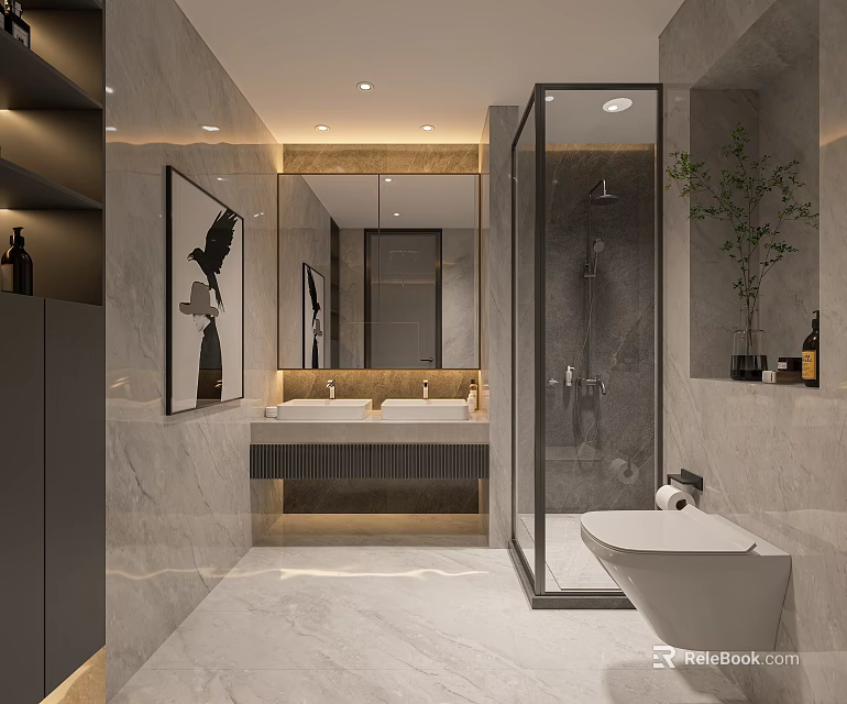 Elegant Modern Bathroom Interior With Marble Surfaces Double Sink Shower Enclosure Toilet And Mirror 3d model 