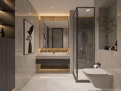 Elegant Modern Bathroom Interior With Marble Surfaces Double Sink Shower Enclosure Toilet And Mirror 3d model