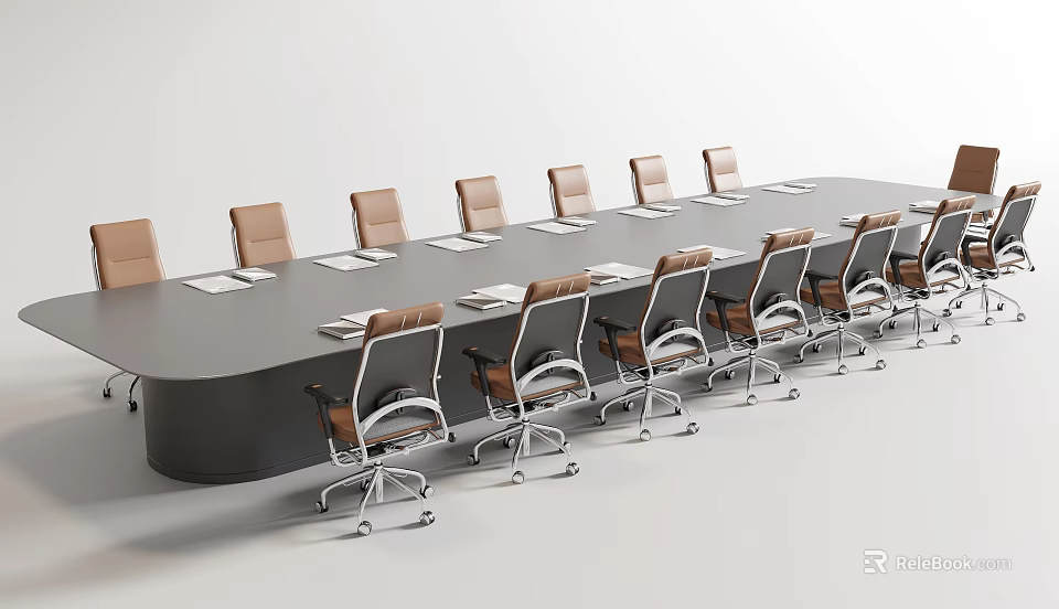 Sleek Modern Conference Table With Ergonomic Leather Chairs And Notebooks On Surface 3d model