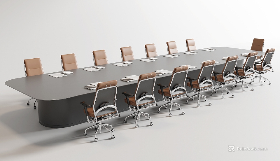 Sleek Modern Conference Table With Ergonomic Leather Chairs And Notebooks On Surface 3d model 