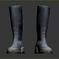 Blue Rain Boots With Worn Design And Mud On Soles On Dark Background