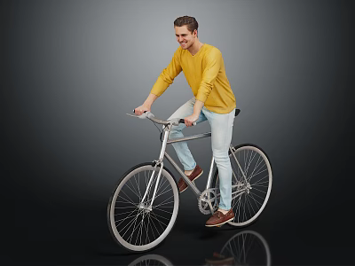 Man riding a silver bicycle wearing yellow sweater and light blue jeans 3d model