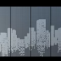 Abstract Pixelated City Skyline Silhouette On Four Panels Gray Grid Background 3d model