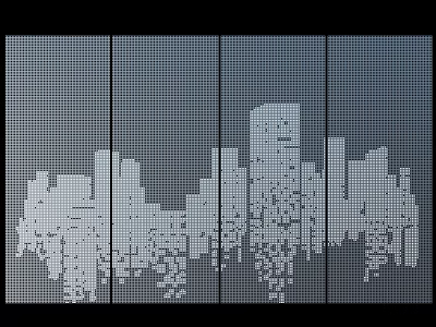 Abstract Pixelated City Skyline Silhouette On Four Panels Gray Grid Background 3d model