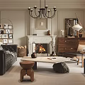 Elegant Living Room Interior With Fireplace Chandelier Sofa Armchair And Coffee Table
