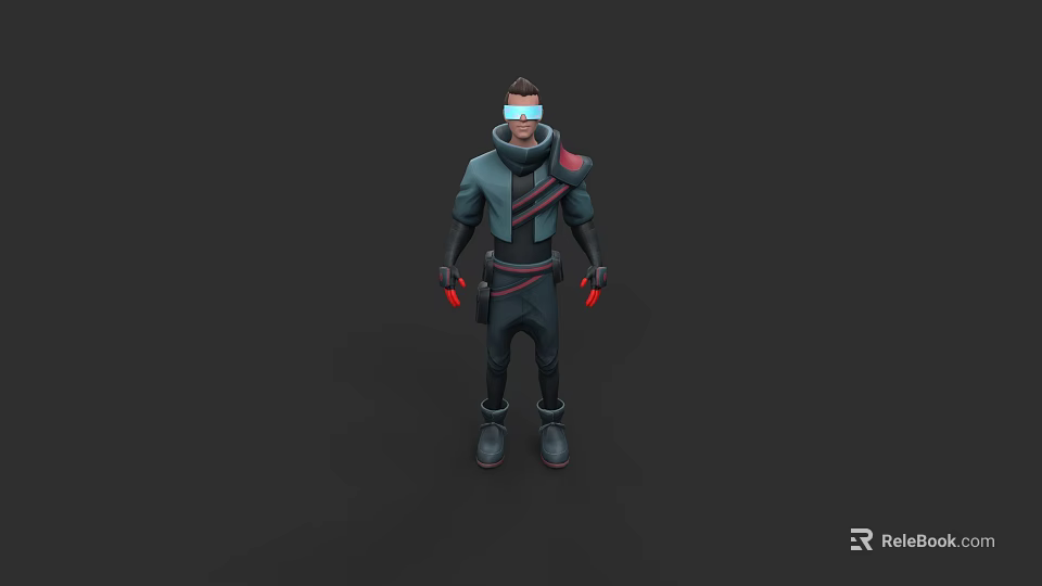 Futuristic Game Movie Character With Dark Outfit Blue Goggles And Red Gloves 3d model 