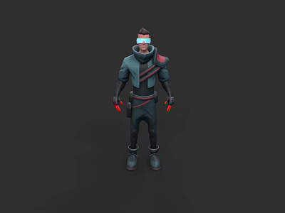 Futuristic Game Movie Character With Dark Outfit Blue Goggles And Red Gloves 3d model