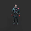 Futuristic Game Movie Character With Dark Outfit Blue Goggles And Red Gloves
