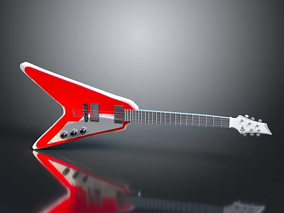 Red Triangle Shaped Electric Guitar On Black Reflective Surface With Chrome Knobs 3d model