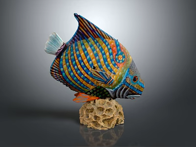 Vibrant Colorful Fish Sculpture With Blue Yellow Orange Stripes On Honeycomb Base 3d model