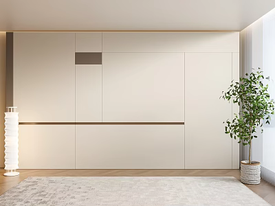 Modern Interior With White Storage Cabinets Floor Lamp Green Plant And Light Rug 3d model
