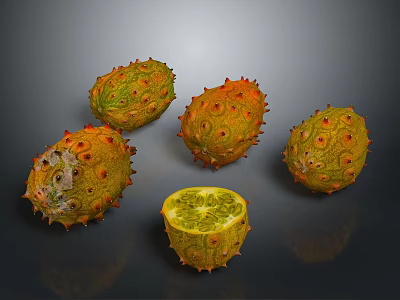 Fresh Kiwano Fruits Whole and Halved with Spiky Exterior and Green Flesh on Dark Background 3d model