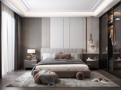 Modern Bedroom Interior Design With Gray Headboard Bed Nightstand Rug And Decorative Ornaments 3d model