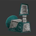 Teal Mechanical Device Components With Horn Shaped Top Colorful Stripes And Square Base