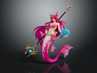 Pink Mermaid Character With Long Hair Crown Spear And Blue Orb 3d model