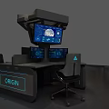Modern Ergonomic Desk And Chair Set With Multiple Screens And ORIGIN Label