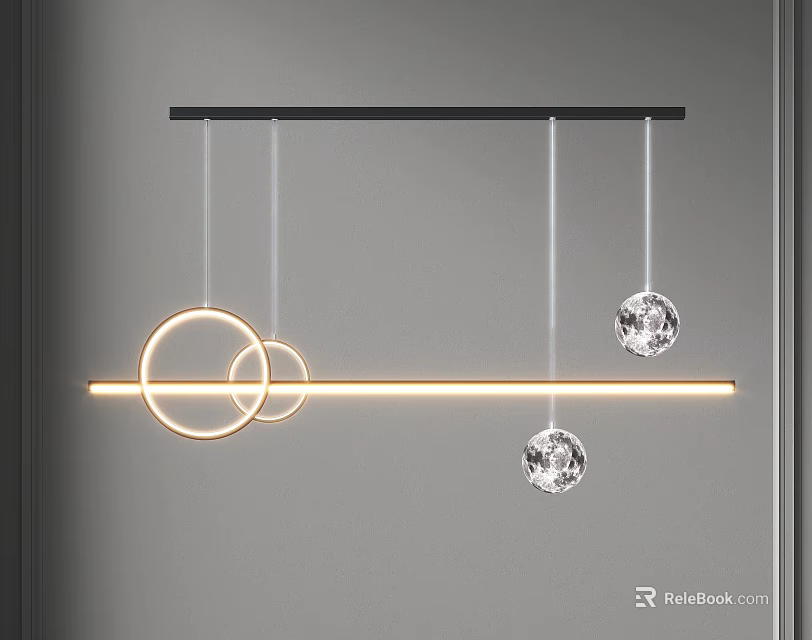 Modern Chandelier With Black Horizontal Bar Golden Circular Rings Crystal Balls And LED Strip Light 3d model 