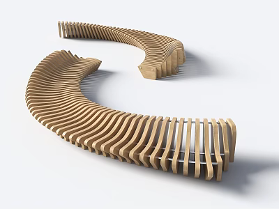 Modern Wooden Curved Landscape Bench With Slatted Design For Outdoor Areas 3d model