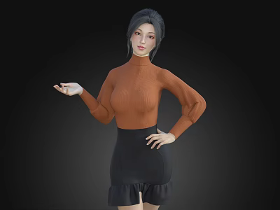 Woman in Orange Turtleneck Black Ruffled Skirt Hand on Hip Extended Hand Dark Background 3d model
