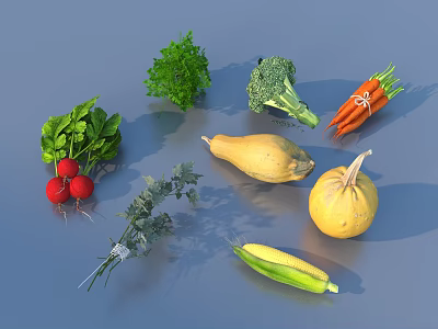 Assorted Fresh Vegetables Including Spinach Radishes Broccoli Carrots Squash Corn And Parsley 3d model