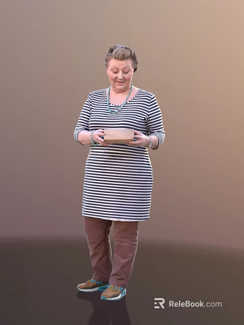 Woman Wearing Black And White Striped Dress Holding Brown Box And Examining It 3d model 