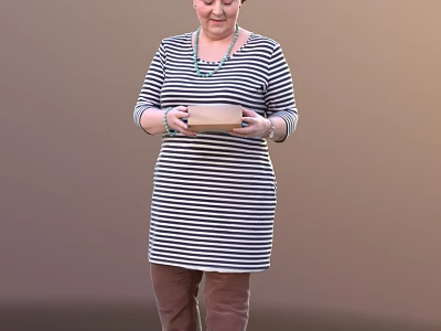 Woman Wearing Black And White Striped Dress Holding Brown Box And Examining It 3d model
