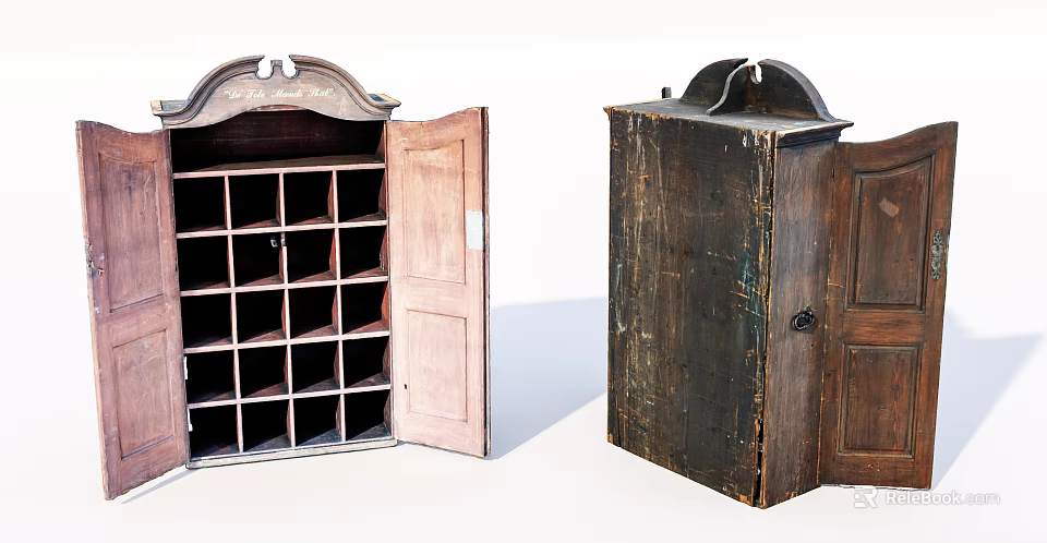 Vintage Wooden Cabinet With Open Door And Grid Compartment Shelves 3d model 