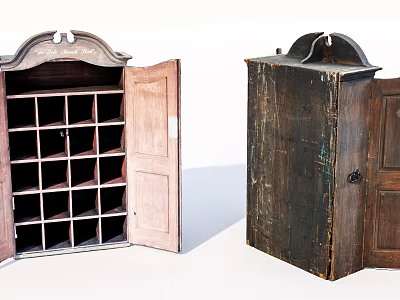 Vintage Wooden Cabinet With Open Door And Grid Compartment Shelves 3d model