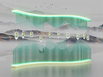 Illuminated Green Vertical Slat Partition With Hanging Ornaments And Mountain Landscape 3d model