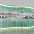 Illuminated Green Vertical Slat Partition With Hanging Ornaments And Mountain Landscape