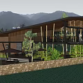 Modern Wooden Building With Open Design Terrace Outdoor Seating Umbrellas Greenery Mountain View And Sky