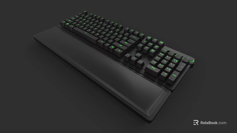 Ergonomic Black Computer Keyboard With Green Backlit Keys And Palm Rest 3d model 