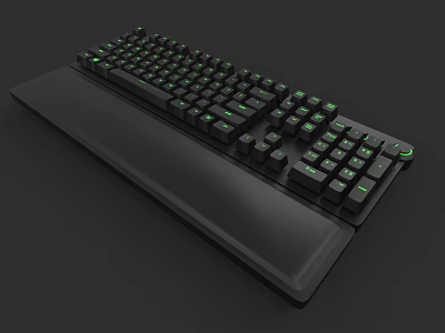 Ergonomic Black Computer Keyboard With Green Backlit Keys And Palm Rest 3d model