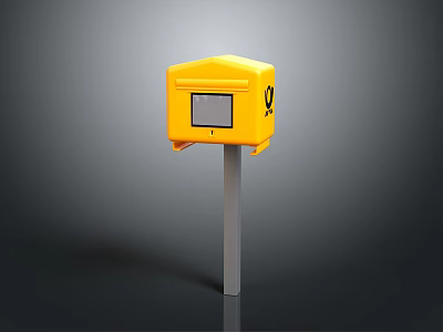 Yellow Mailbox With Small Window And Black Symbol On Metal Pole 3d model