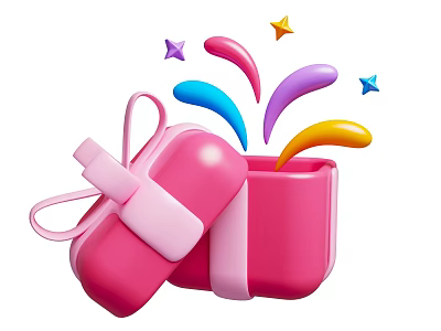 Open Pink Gift Box Displaying Colorful Stars And Festive Decorative Streamers 3d model