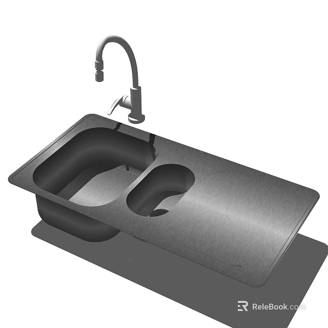 Modern Double Bowl Stainless Steel Kitchen Sink With Faucet On Countertop 3d model 