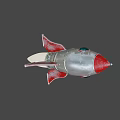 Silver Red Rocket Weapon With Blue Circular Window Red Fins And Thruster Flame
