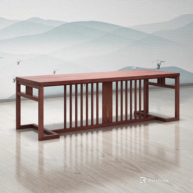 Chinese Style Solid Wood Tea Table And Chairs Featuring Slatted Structure And Mountain Water Wall 3d model