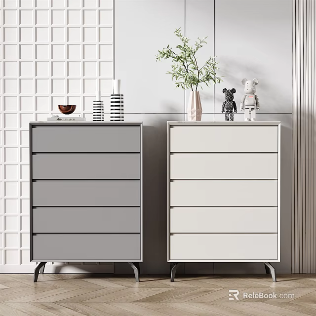 Gray And White Console Side Cabinet With Drawer Design And Decorative Items On Wall Background 3d model 