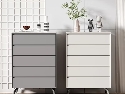 Gray And White Console Side Cabinet With Drawer Design And Decorative Items On Wall Background 3d model