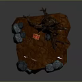 Wooden Stump Stone Rocks 3D Model Scene With Yellow Leaves Red Chest And Sword