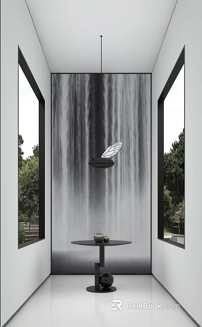 Modern Console Table With Waterfall Wall Decorative Butterfly Light Surrounded By Green Plants 3d model 