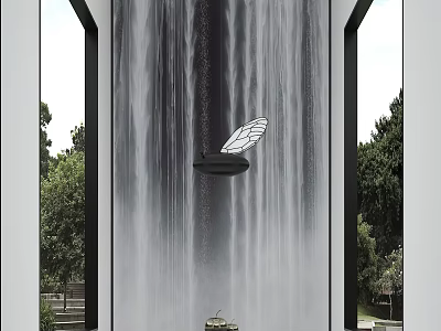 Modern Console Table With Waterfall Wall Decorative Butterfly Light Surrounded By Green Plants 3d model