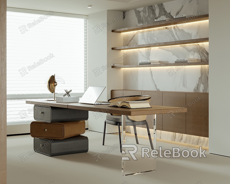 Modern Study Desk and Chair Desk Lamp Bookcase Venetian Blinds model