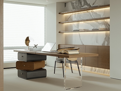 Modern Study Desk and Chair Desk Lamp Bookcase Venetian Blinds model