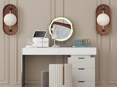 Modern Vanity Table With Round Lighted Mirror Laptop Cosmetics Drawers And Wooden Sconces 3d model