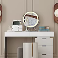 Modern Vanity Table With Round Lighted Mirror Laptop Cosmetics Drawers And Wooden Sconces