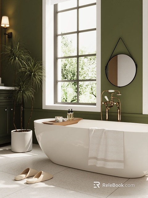 Green Bathroom With White Bathtub Brass Faucet Large Window And Plants 3d model 